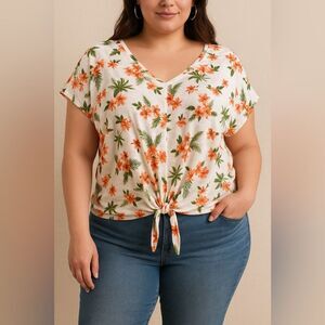 EST. 1946 Floral Tie-Front Top 22/24W Tropical Print Cotton Modal Blend